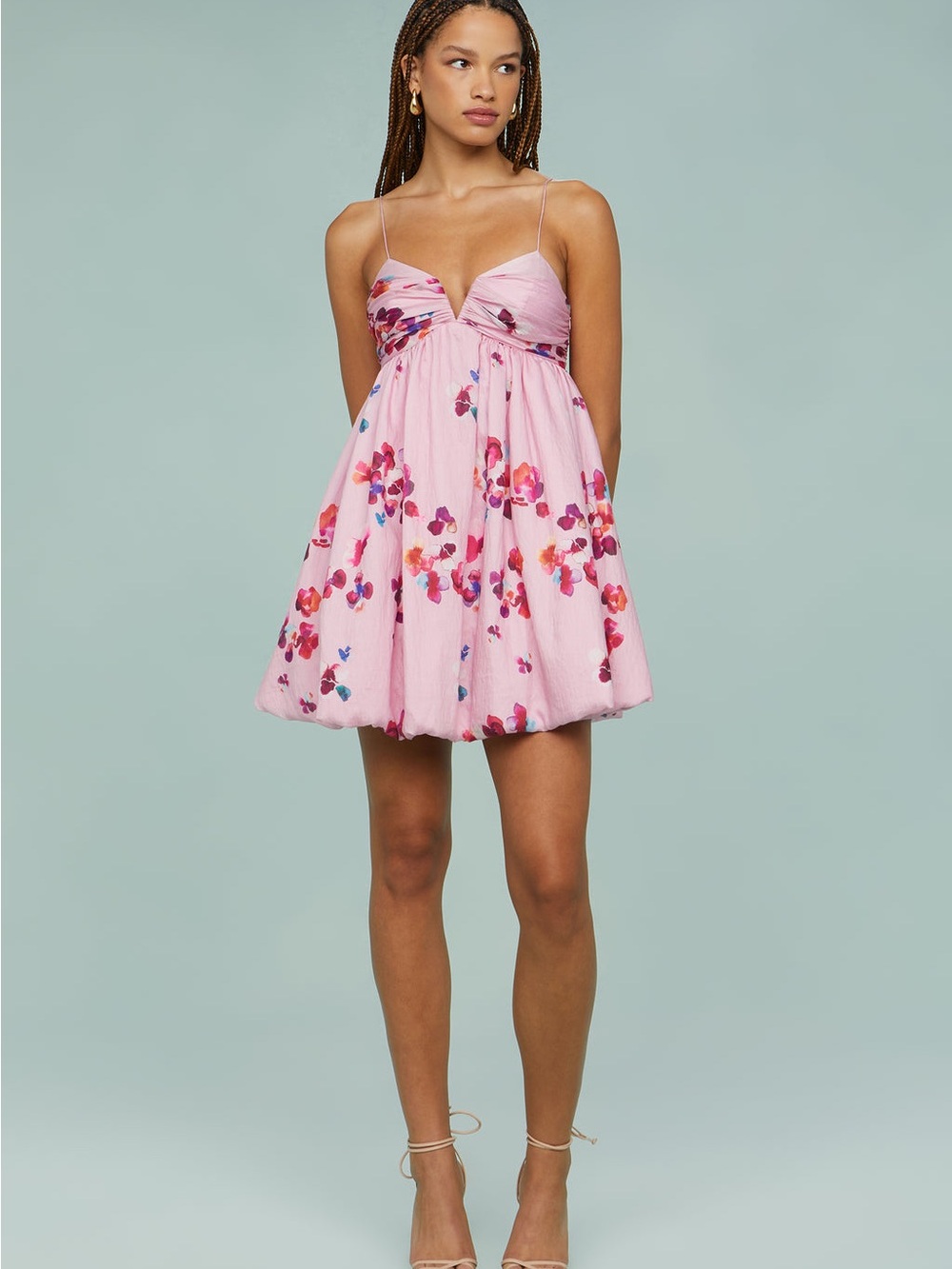 AMUR Pink Floral V-Neck Mini Dress